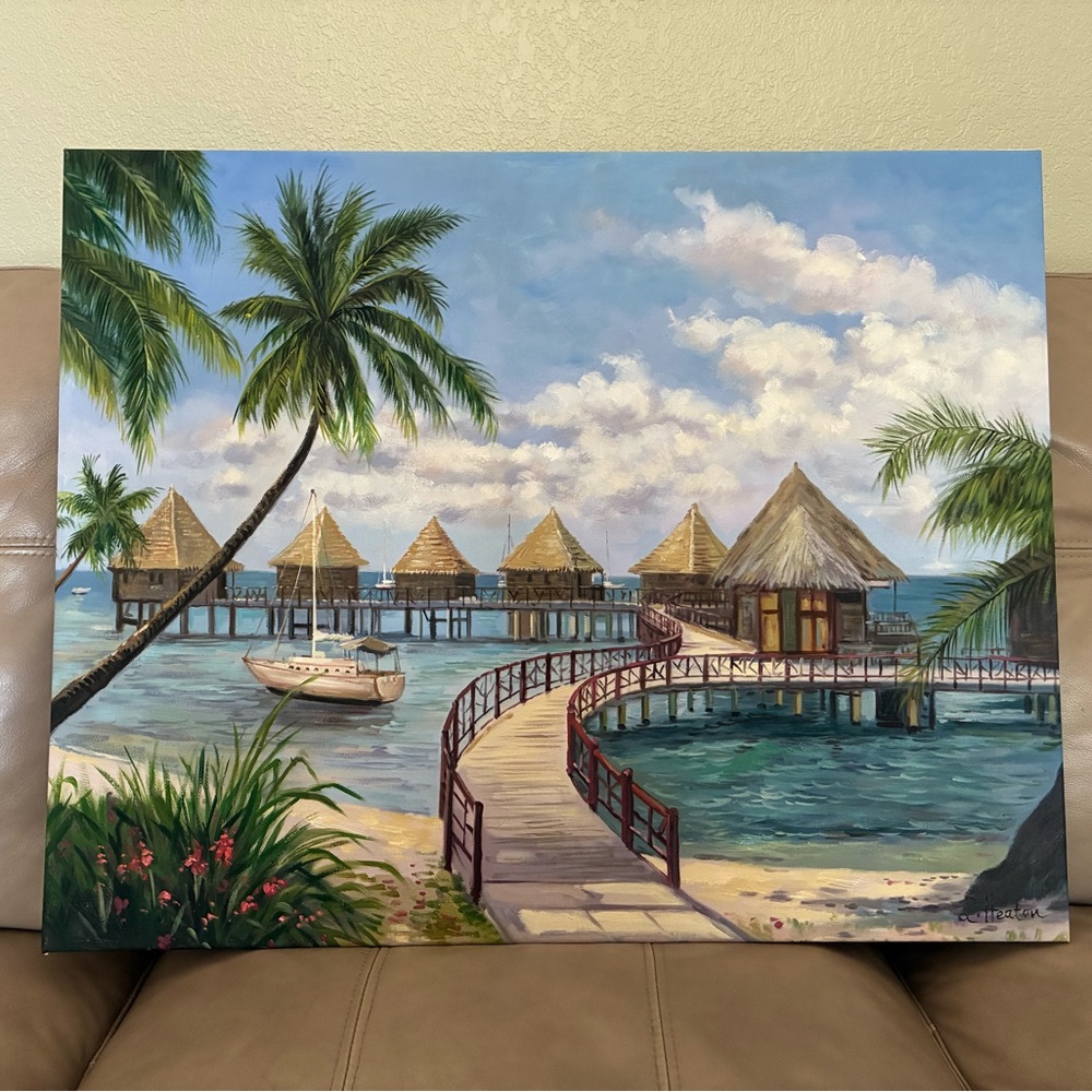 Hand painted tropical painting of Bora‎ Bora scene